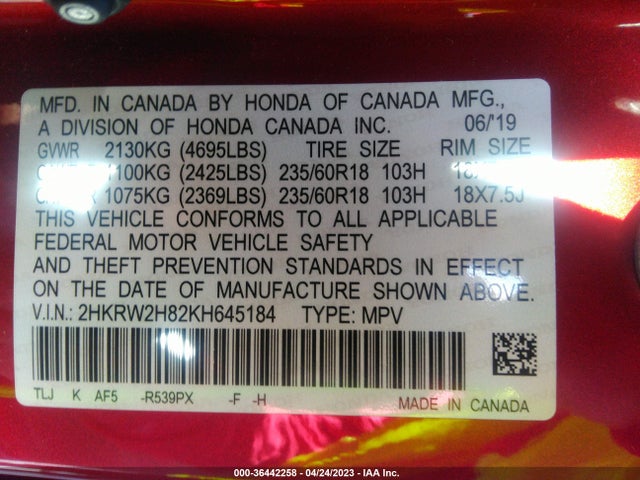 Honda Cr-v Ex-l 2019 2HKRW2H82KH645184 Image 9