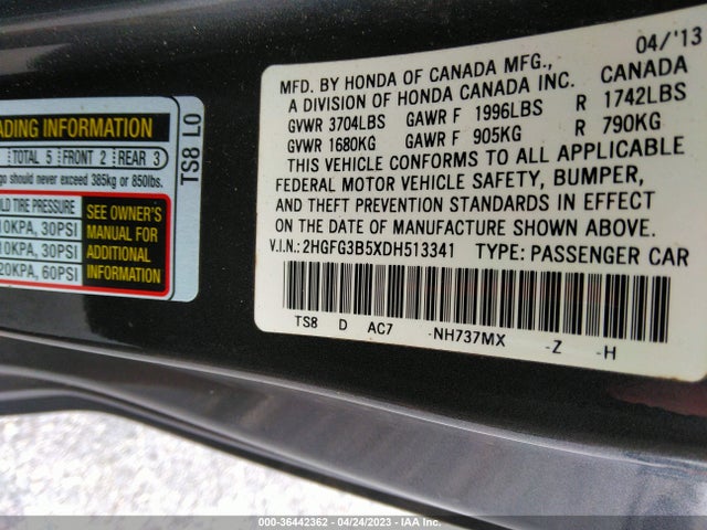 2013 HONDA CIVIC CPE LX VIN: 2HGFG3B5XDH513341