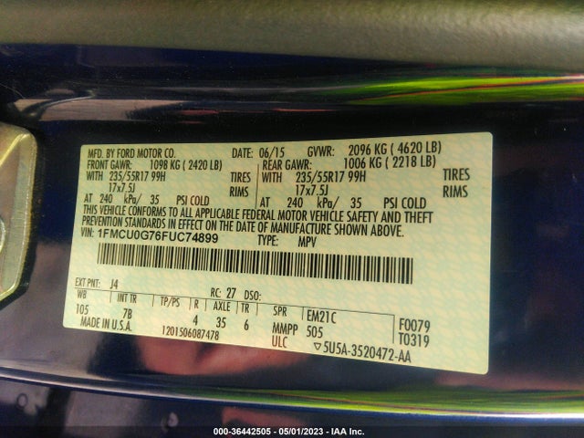 Ford ESCAPE SE 2015 1FMCU0G76FUC74899 Image 10