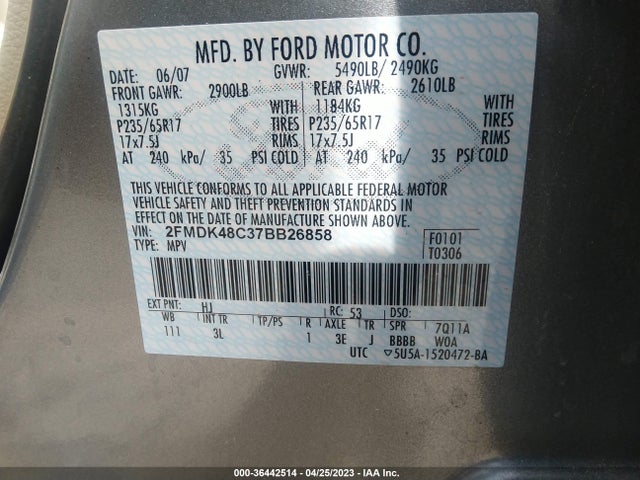 2007 FORD EDGE SEL VIN: 2FMDK48C37BB26858