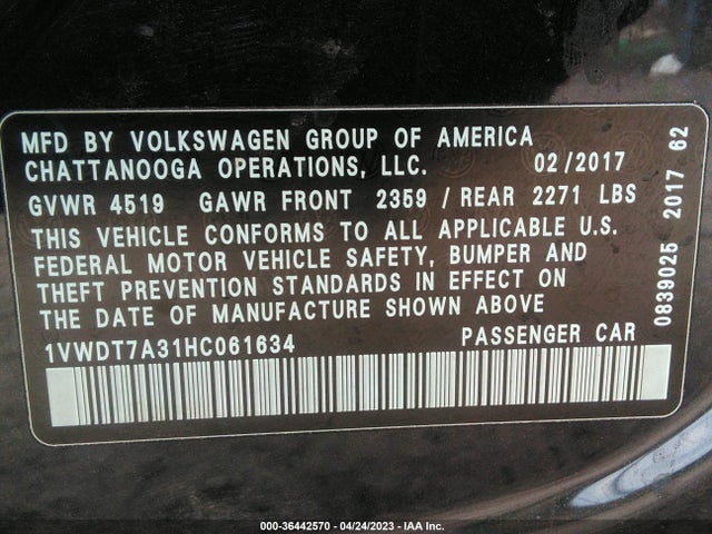 1VWDT7A31HC061634 Volkswagen Passat R-line W/comfort Pkg