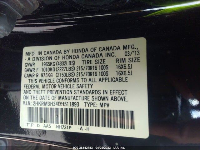 2013 HONDA CR-V LX VIN: 2HKRM3H34DH511893