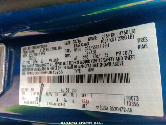 1FMCU0G99HUB43258 Ford ESCAPE SE