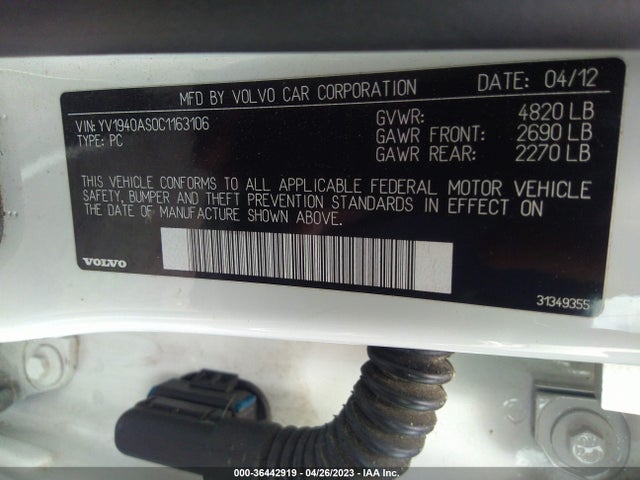 2012 VOLVO S80 3.2L VIN: YV1940AS0C1163106