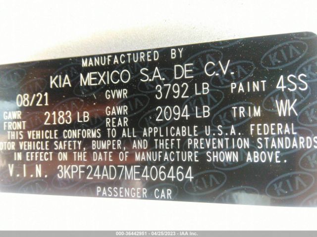 3KPF24AD7ME406464 KIA Forte Lxs