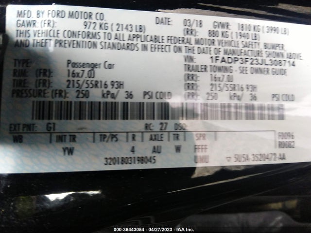 2018 FORD FOCUS SE VIN: 1FADP3F23JL308714