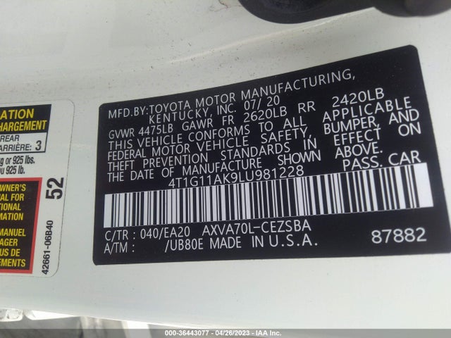 Toyota CAMRY SE 2020 4T1G11AK9LU981228 Image 9