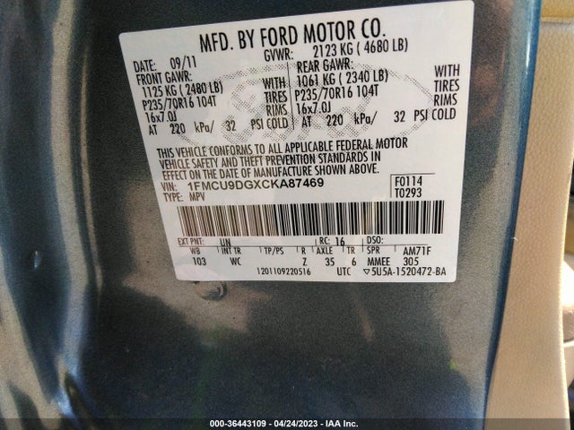 2012 FORD ESCAPE XLT VIN: 1FMCU9DGXCKA87469