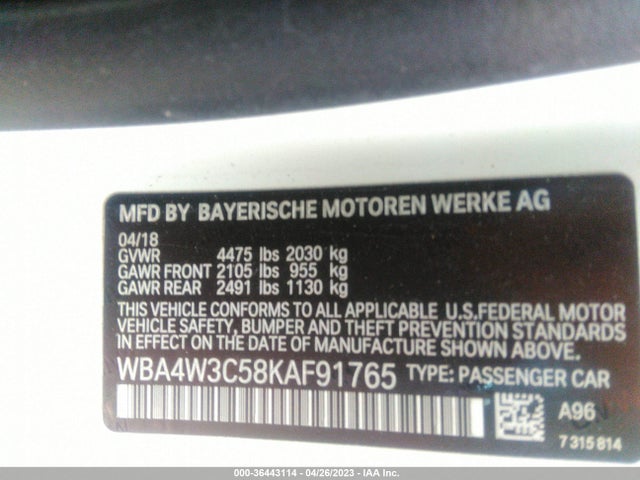 2019 BMW 4 SERIES 430I VIN: WBA4W3C58KAF91765