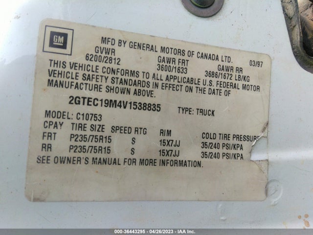 1997 GMC SIERRA 1500 VIN: 2GTEC19M4V1538835
