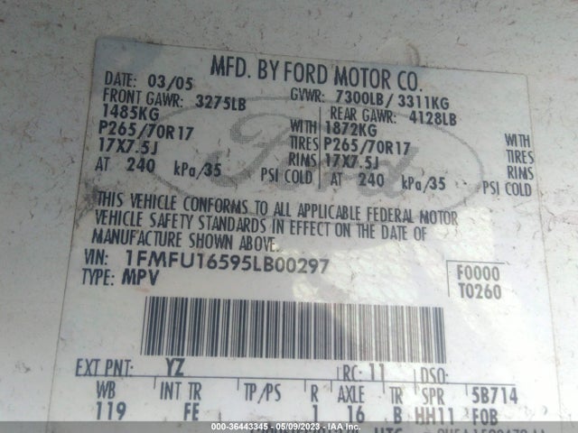 2005 FORD EXPEDITION SPECIAL SERVICE/XLT VIN: 1FMFU16595LB00297