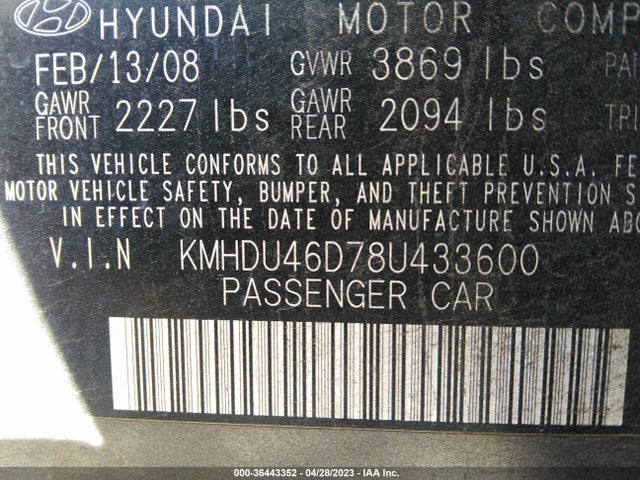 2008 HYUNDAI ELANTRA GLS/SE VIN: KMHDU46D78U433600