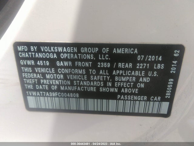 1VWAT7A39FC004808 Volkswagen Passat 1.8t S