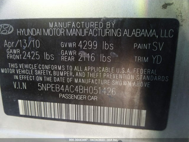 2011 HYUNDAI SONATA GLS VIN: 5NPEB4AC4BH051426
