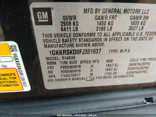 1GKKRSKD8FJ351837 GMC ACADIA SLT