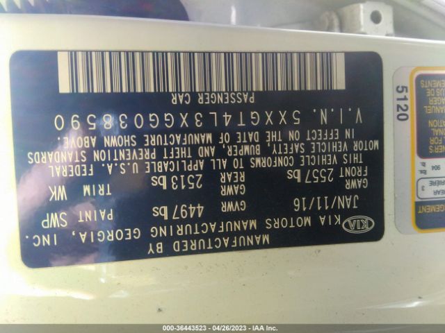 5XXGT4L3XGG038590 KIA Optima Lx