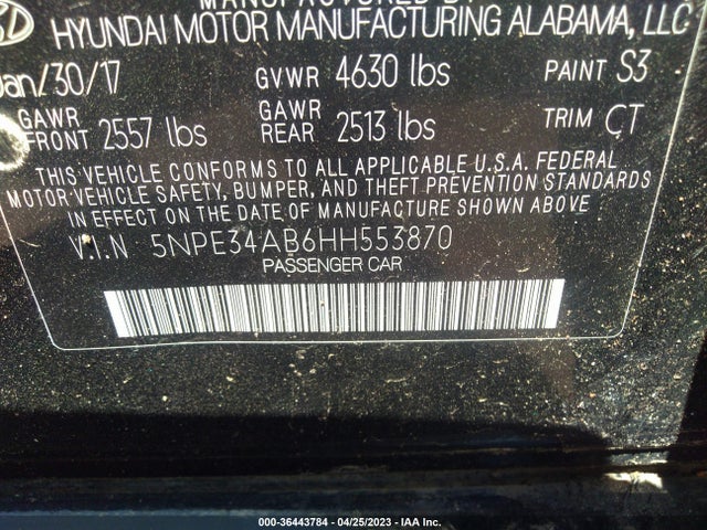 2017 HYUNDAI SONATA LIMITED VIN: 5NPE34AB6HH553870
