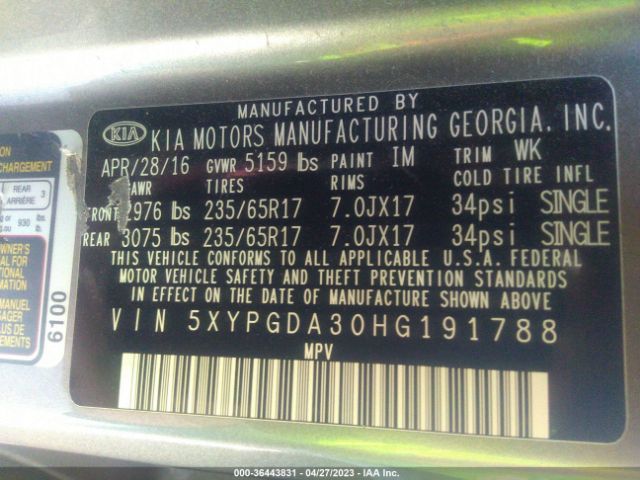 5XYPGDA30HG191788 KIA SORENTO LX
