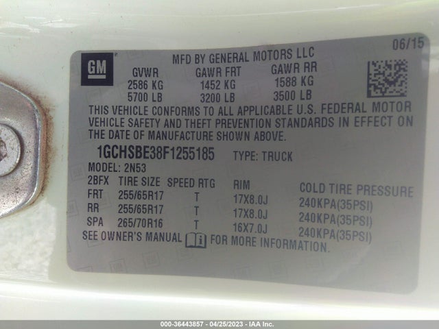 2015 CHEVROLET COLORADO 2WD LT VIN: 1GCHSBE38F1255185