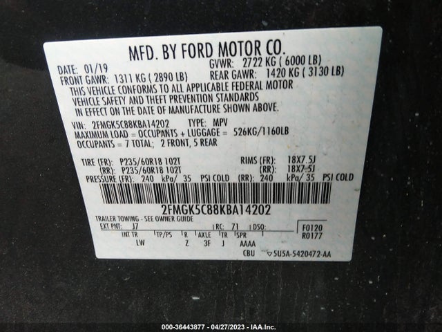 Ford FLEX SEL 2019 2FMGK5C88KBA14202 Image 9