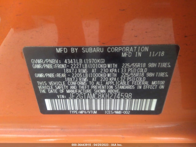 JF2GTAMC8KH274598 Subaru Crosstrek Limited