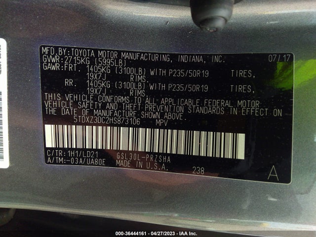 2017 TOYOTA SIENNA SE VIN: 5TDXZ3DC2HS873106