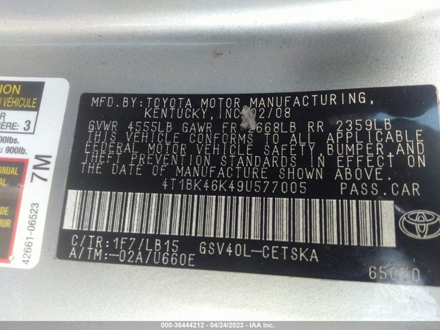 2009 TOYOTA CAMRY LE/SE/XLE VIN: 4T1BK46K49U577005