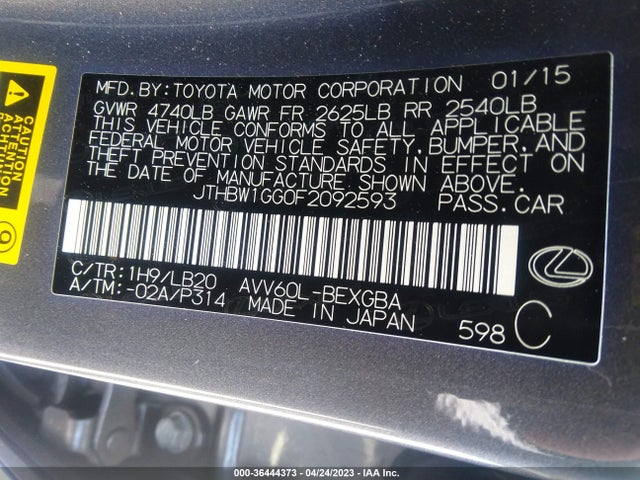 JTHBW1GG0F2092593 Lexus Es 300h Hybrid