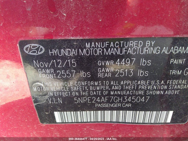 2016 HYUNDAI SONATA 2.4L SE VIN: 5NPE24AF7GH345047