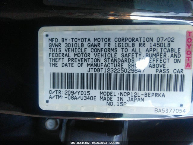 2002 TOYOTA ECHO VIN: JTDBT123225029647