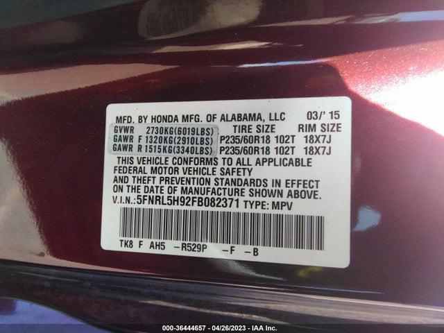 Honda Odyssey Touring 2015 5FNRL5H92FB082371 Image 9