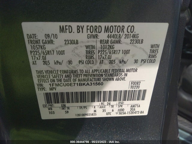 2011 FORD ESCAPE LIMITED VIN: 1FMCU0E71BKA31560