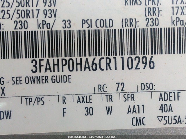 2012 FORD FUSION SE VIN: 3FAHP0HA6CR110296
