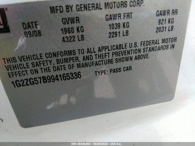 2009 PONTIAC G6 W/1SA *LTD AVAIL* VIN: 1G2ZG57B994165336
