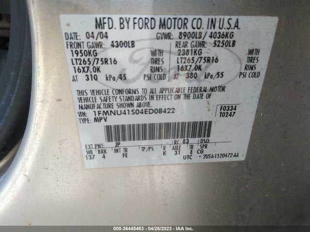 2004 FORD EXCURSION SPECIAL SERV/XLS/XLT VIN: 1FMNU41S04ED08422