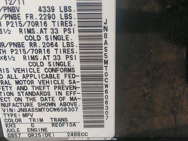 2012 NISSAN ROGUE S VIN: JN8AS5MT0CW606307