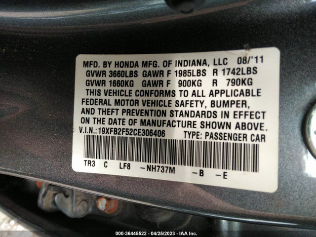 2012 HONDA CIVIC SDN LX VIN: 19XFB2F52CE306406