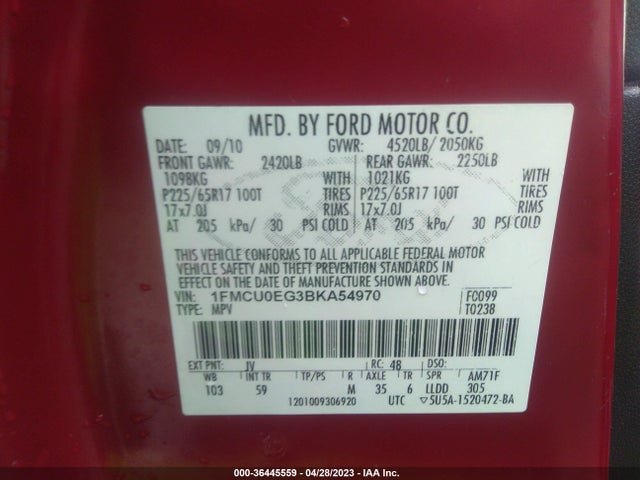 2011 FORD ESCAPE LIMITED VIN: 1FMCU0EG3BKA54970