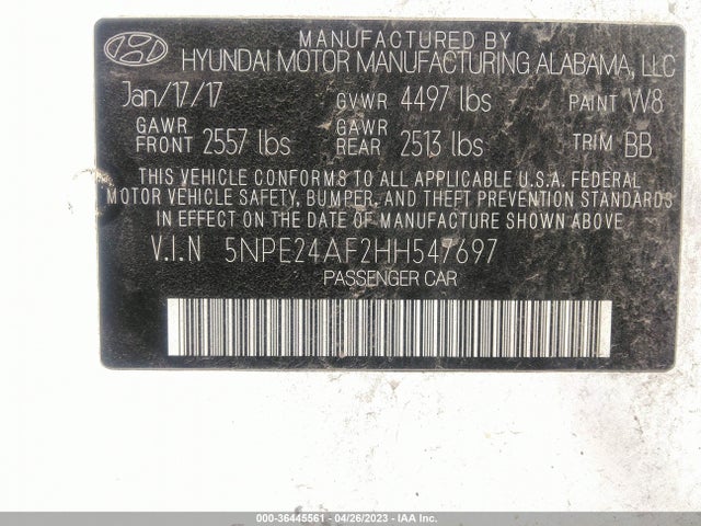 2017 HYUNDAI SONATA SE VIN: 5NPE24AF2HH547697