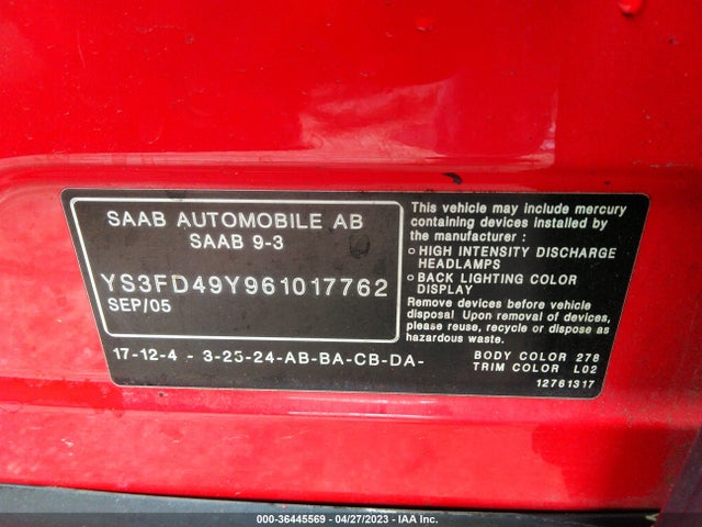 2006 SAAB 9 3 VIN: YS3FD49Y961017762
