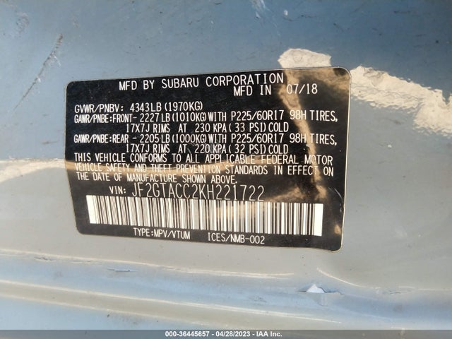 Продаж на аукціоні авто 2019 Subaru Crosstrek Premium, vin: JF2GTACC2KH221722, номер лоту: 36445657