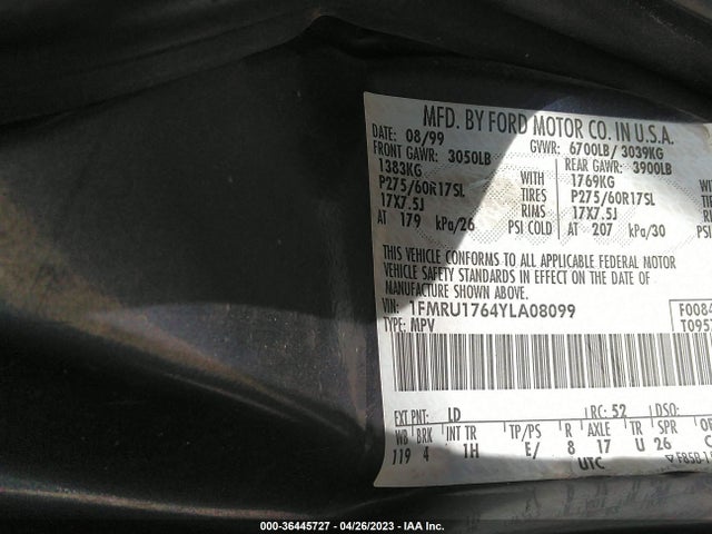 2000 FORD EXPEDITION EDDIE BAUER VIN: 1FMRU1764YLA08099