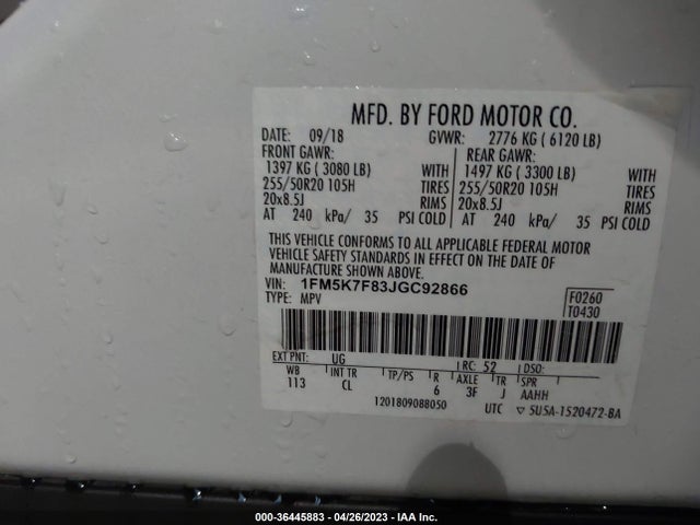 2018 FORD EXPLORER LIMITED VIN: 1FM5K7F83JGC92866