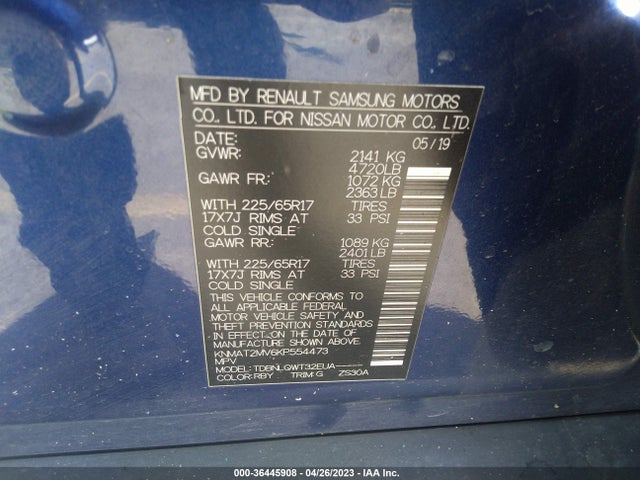 2019 NISSAN ROGUE SV VIN: KNMAT2MV6KP554473