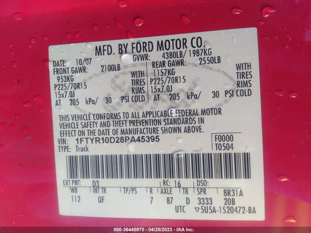 2008 FORD RANGER XL/XLT VIN: 1FTYR10D28PA45395