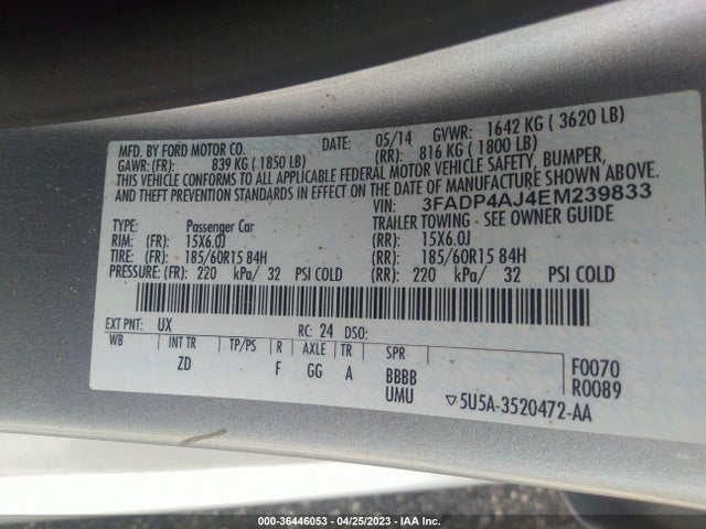 2014 FORD FIESTA S VIN: 3FADP4AJ4EM239833