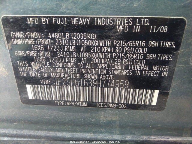 2009 SUBARU FORESTER X VIN: JF2SH61639H774959