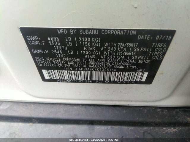 2019 SUBARU OUTBACK PREMIUM VIN: 4S4BSAFC4K3396165
