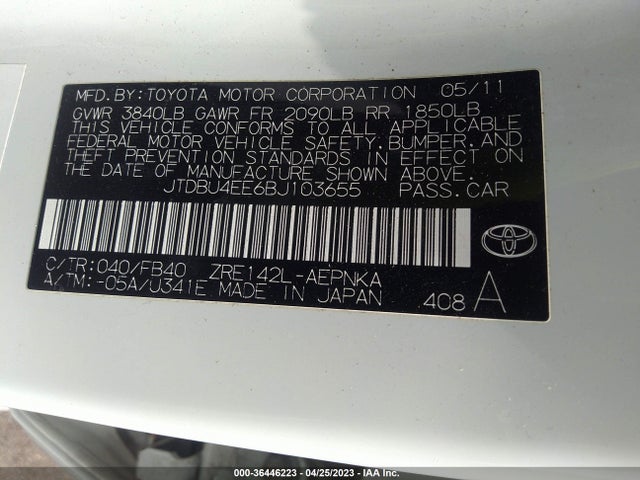 2011 TOYOTA COROLLA L/LE/S VIN: JTDBU4EE6BJ103655