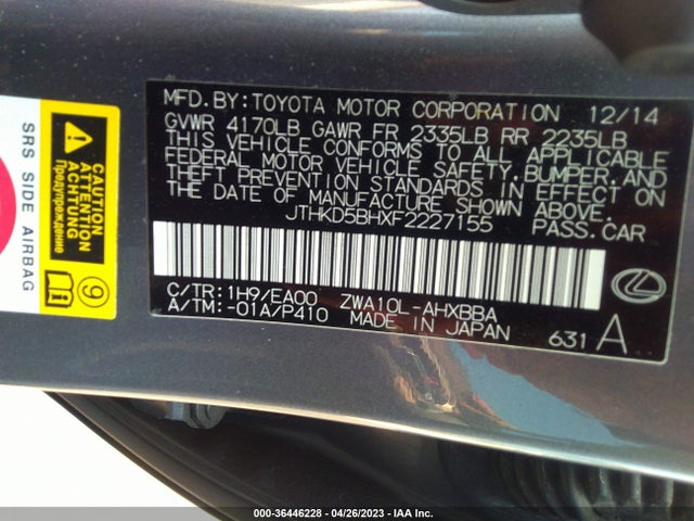 JTHKD5BHXF2227155 Lexus Ct 200h Hybrid